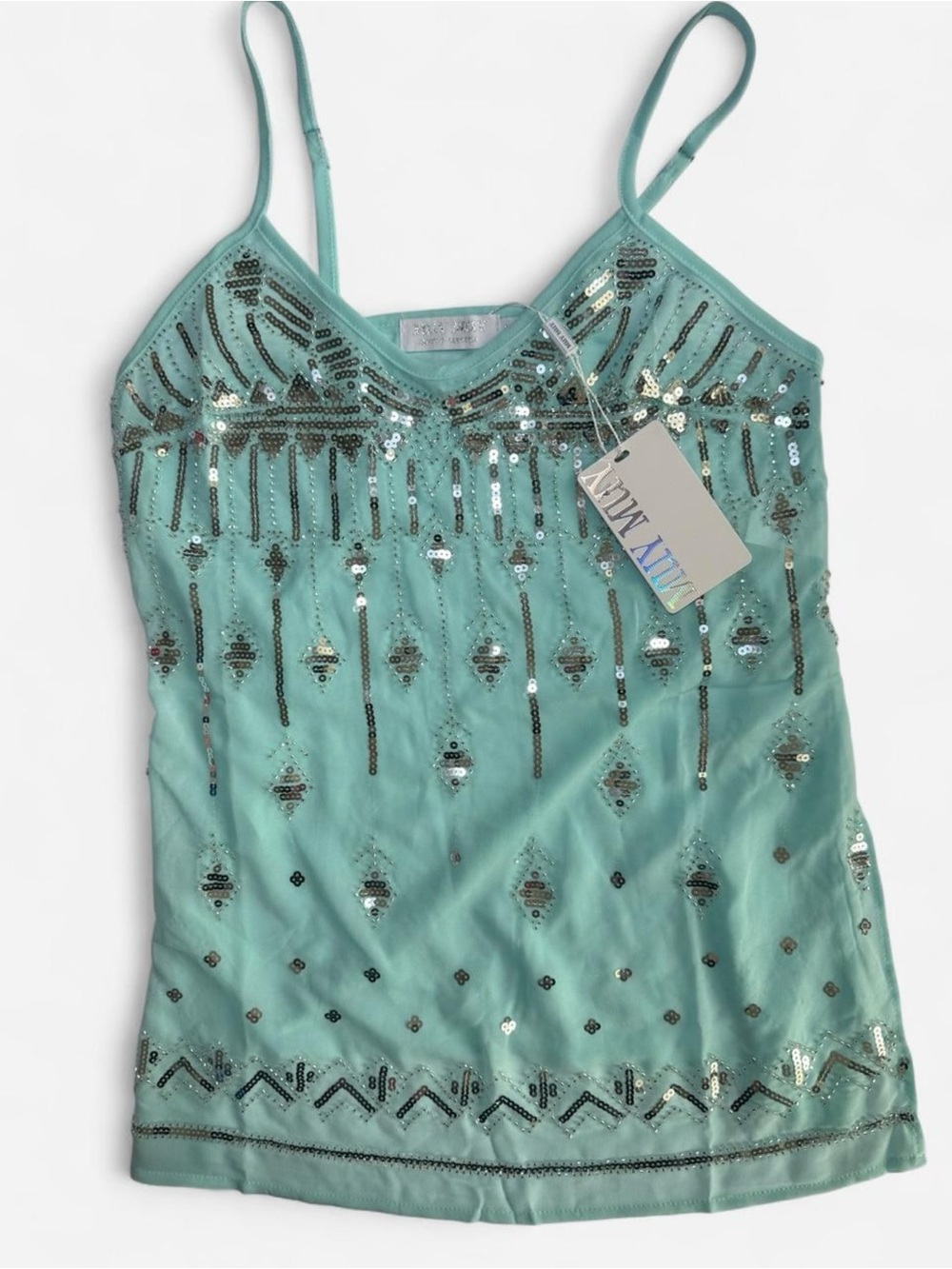 Muy Muy Sequin Embroidered Beaded Y2K Mint Cami Top Side Slits - Size M - NWT